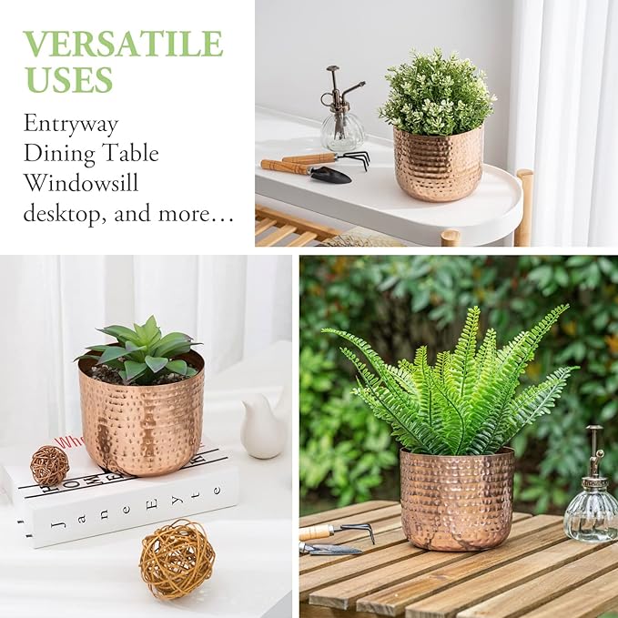 MyGift 6 Inch Copper Tone Metal Plant Pot with Hammered Design, Decorative Small Succulent Planter - Handcrafted in India