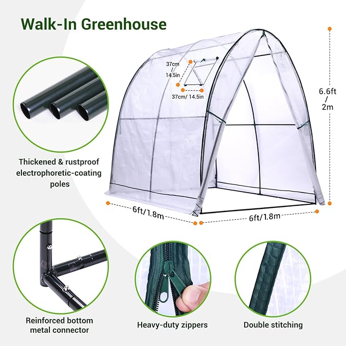 Ohuhu Portable Tunnel Greenhouse Outdoor: Heavy Duty Walk in Green House with Mesh Windows Durable Plastic PE Cover for Outside, 5.9x5.9x6.6 FT, White