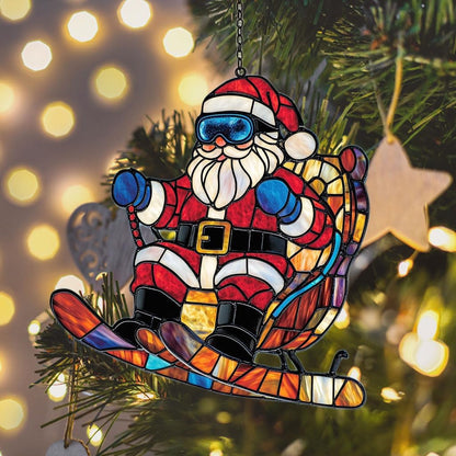 Funny Santa Claus Skiing Acrylic Suncatcher Stained Glass Effect Window Car Hanging Christmas Ornament Indoor Outdoor Decor Garden Sun Catcher Panel for Christmas Lover for Women Mom Grandma