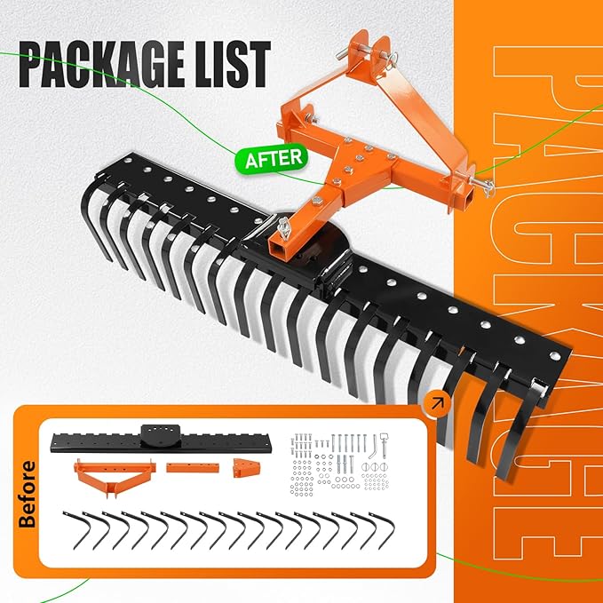 KUAFU 50" 3 Point Landscape Rock Rake for Category-0 Cat-0 Tractor with 360° Rotation Replaceable Spring Tines and Pin Hitch Rock Attach Rake Tow Behind Dethatcher for Garden Lawn Care, Farm, Grass
