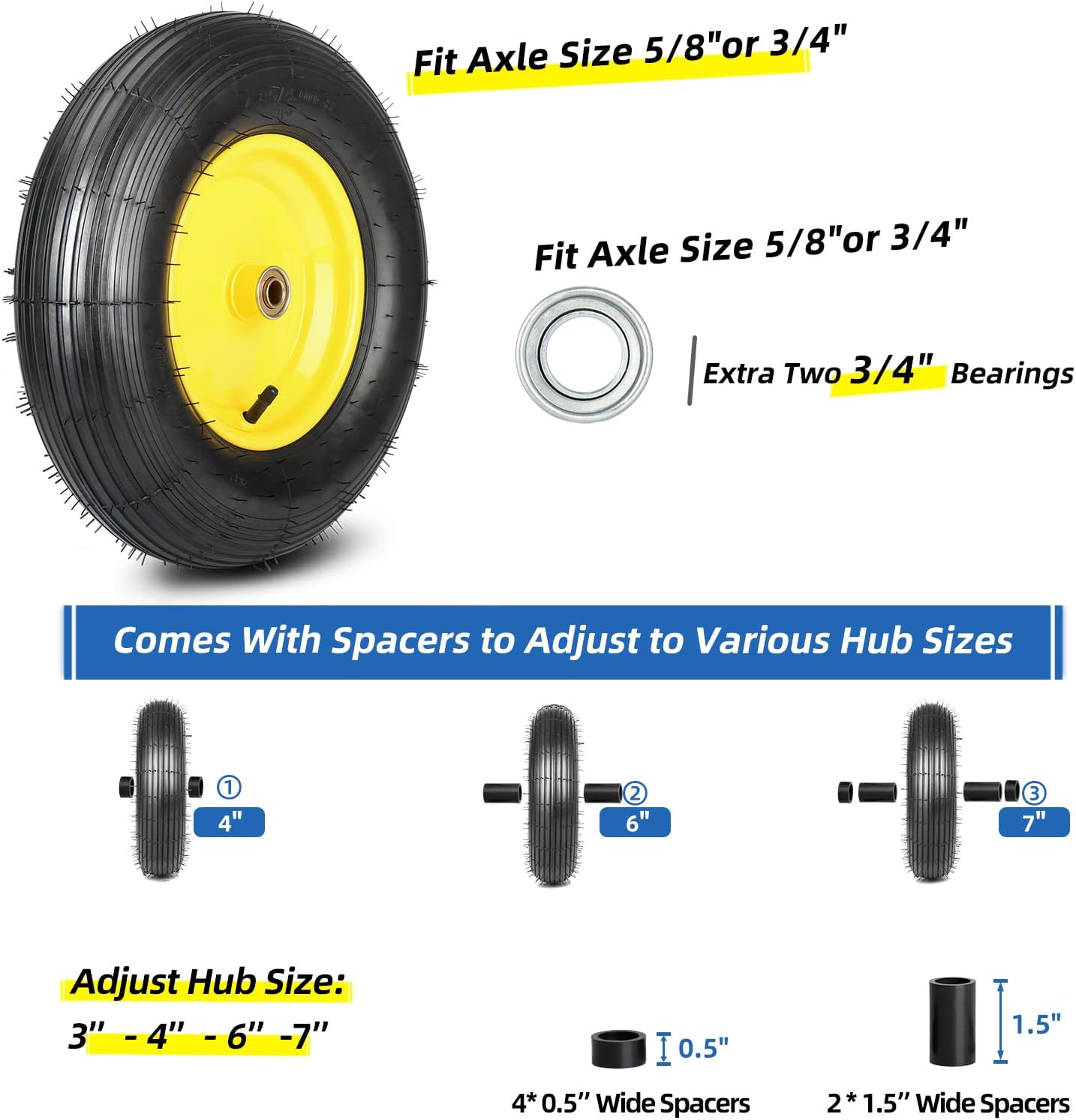 (2 Pack)4.80/4.00-8 Wheelbarrow Tire and Wheel, 16" Rubber Pneumatic Wheel, 3" -6" Centered Hub, 5/8" & 3/4" Bearings, for Hand Truck, Trolley, Garden Cart, Wagons【Explorer Series】