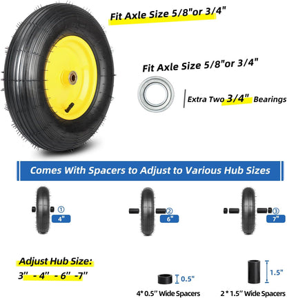 (2 Pack)4.80/4.00-8 Wheelbarrow Tire and Wheel, 16" Rubber Pneumatic Wheel, 3" -6" Centered Hub, 5/8" & 3/4" Bearings, for Hand Truck, Trolley, Garden Cart, Wagons【Explorer Series】
