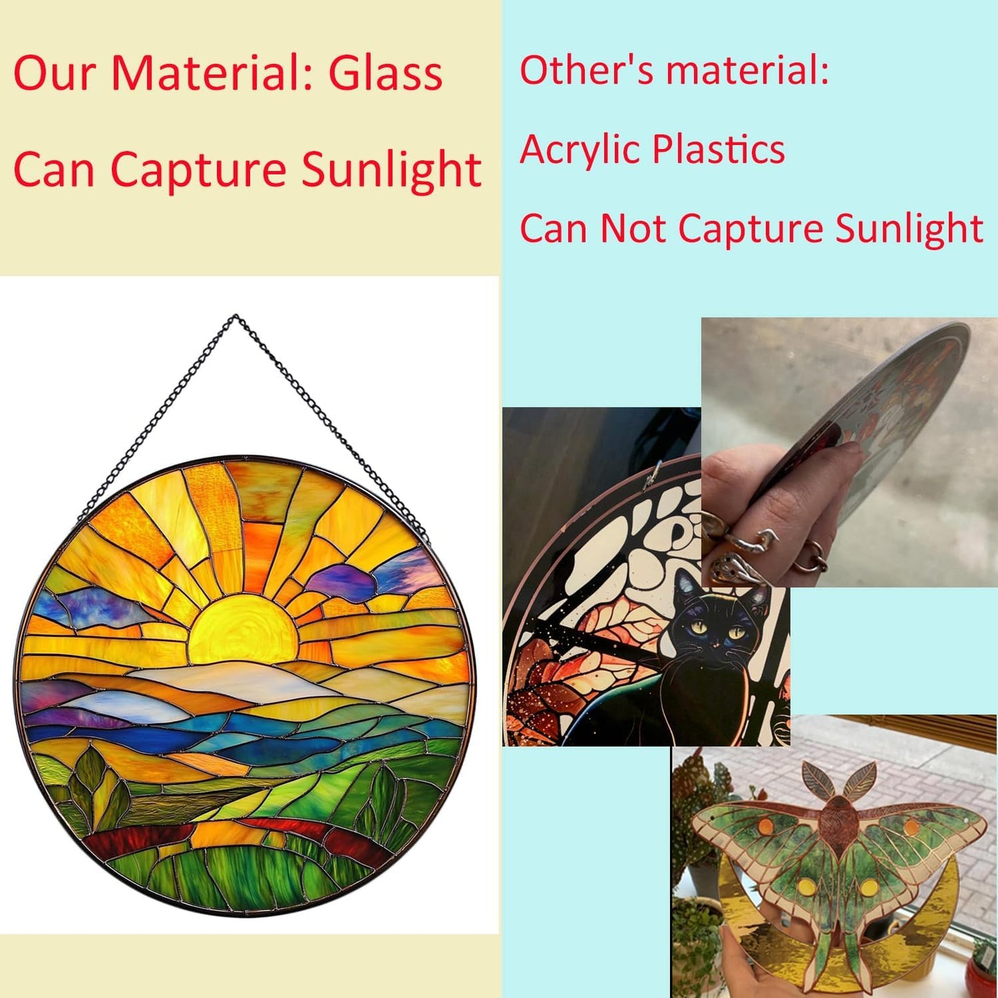 Hanging Stained Glass for Windows,20cm/7.87inch Sunrise Stained Glass Suncatcher Garden Hangings Christmas Mother's Day, Valentine's Day Ornaments Festival Housewarming Gift