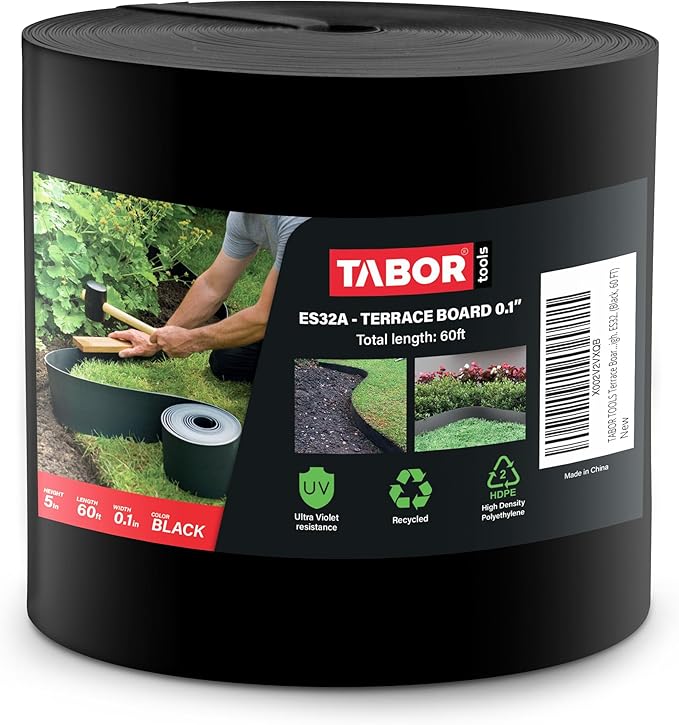 TABOR TOOLS 40 Ft Terrace Board, 5 Inch High, 0.1" Inch Thickness, Landscape Edging Coil, Grass Barrier, Bender Board, Garden Liner, ES31. (Black)