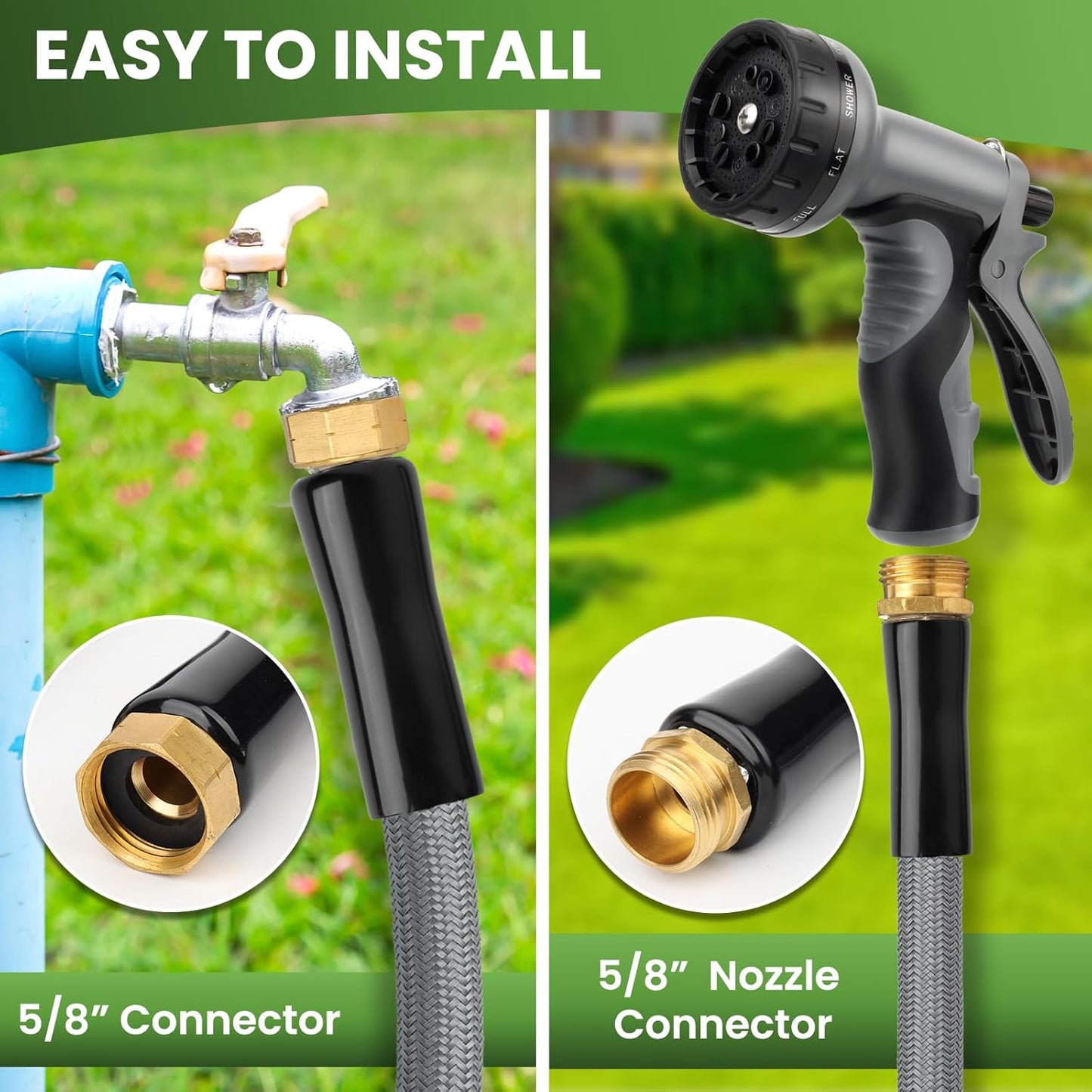 KLABB 36FT Garden Hose 5/8" with Solid Brass Connectors & 10-Function Nozzle, Lightweight Flexible PET Steel Hose with Adjustable Straps, No-Kink, Rustproof & Leak-Free for Garden & Outdoor Cleaning