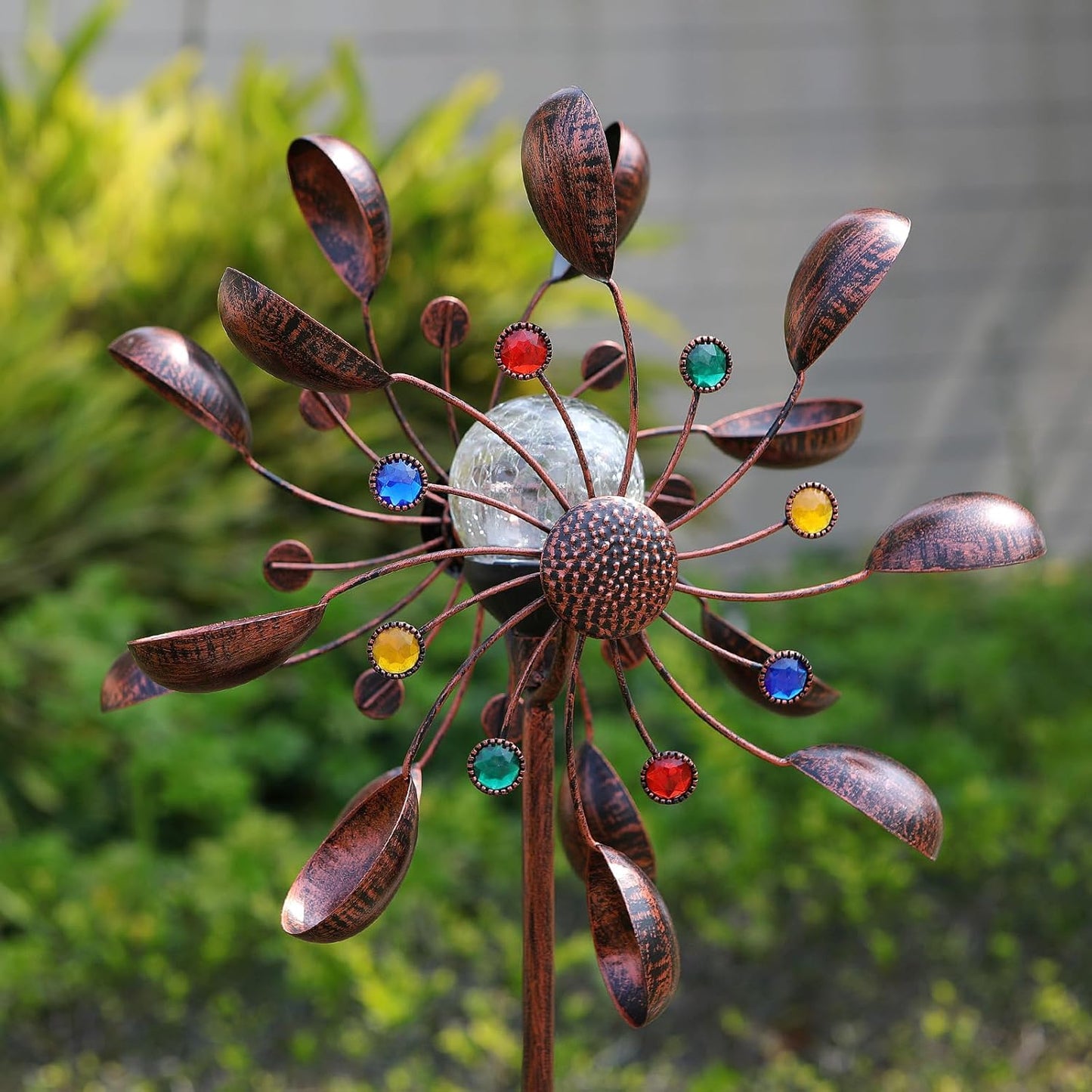 Solar Wind Spinner Multi-Color LED Lighting by Solar Powered Glass Ball with Kinetic Wind Aculptures Dual Direction Decorative Lawn Ornament Wind Mill.