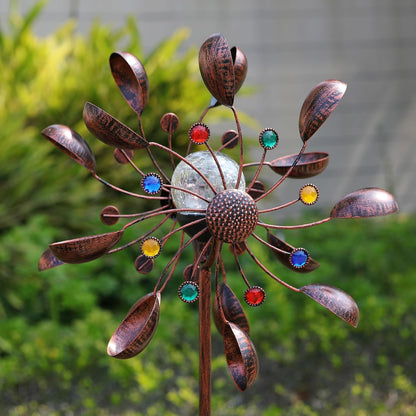 Solar Wind Spinner Multi-Color LED Lighting by Solar Powered Glass Ball with Kinetic Wind Aculptures Dual Direction Decorative Lawn Ornament Wind Mill.