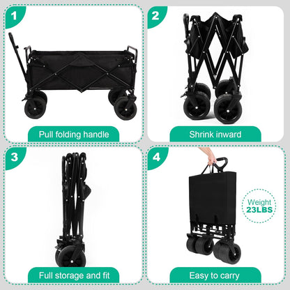MMQ Heavy-Duty Folding 550 Lbs Collapsible Wagon with Big Wheels - Robust Construction, Spacious Interior, Adjustable Rolling Carts, Outdoor Folding Camping Wagons, Portable Utility Cart (Black)