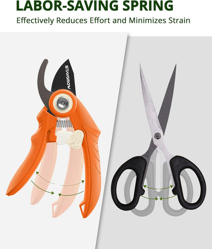 Pruning Shears, Garden Shears - 6.9" Garden Clippers, Gardening Scissors with Rust Resistant SK5 Stainless Steel Blade, Cuts 3X Easier, Weak Hand Arthritis Pruners for Gardening - Orange
