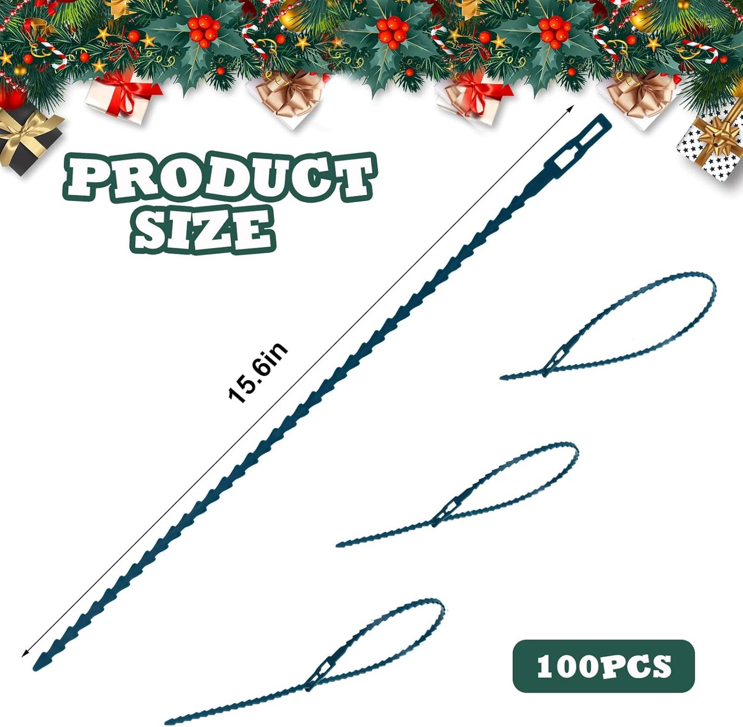 100pcs Christmas Garland Ties Green Flexible Self Locking Nylon Strap 15.7Inch Adjustable Reusable Garland Hanger Decorating Holiday Banister Twist Ties for Christmas Light Wreath Making Door Stairway