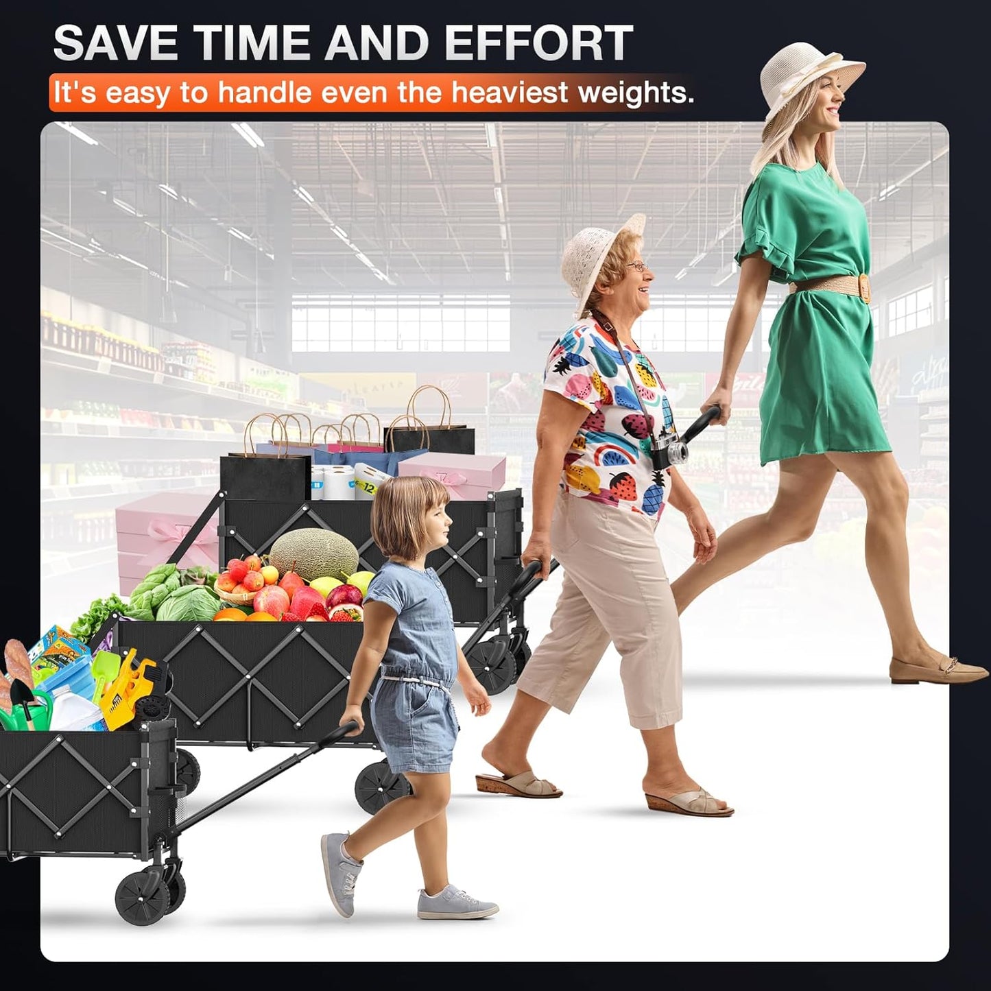 Foldable Wagon with Extended Tailgate: Collapsible Large Capacity Folding Wagon - Heavy Duty Utility Carts for Shopping,Garden,Sports,Groceries,Apartment,Camping,Outdoor - Black