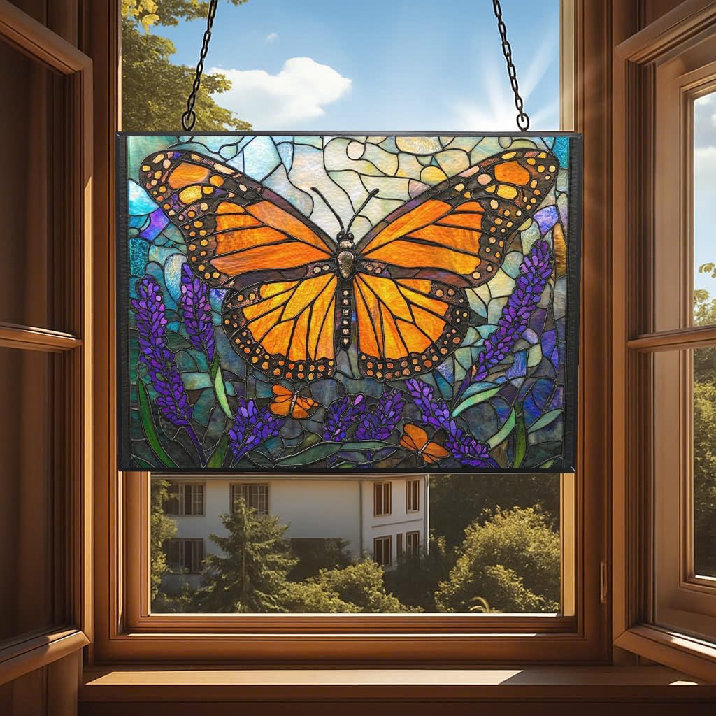 Personalized Rectangle Art Nouveau Monarch Over Lavender Stained Glass Suncatcher Stained Glass Window Hanging Home Decor Garden Halloween Christmas Wedding Housewarming Gifts