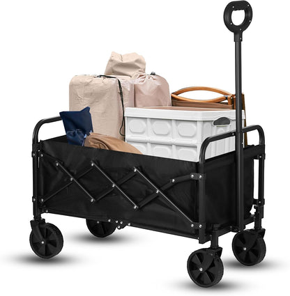 Catart Collapsible Folding Utility Wagon, 110L Large Capacity Portable Cart with Wheels, Lightweight Foldable Wagon for Camping, Gardening, Sports, Grocery Shopping, and Everyday Outdoor Use, Black