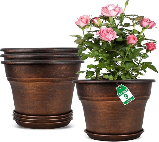 Plant Planters Pots Set of 4 Pack 9 Inch, Plastic Flower Pot for Indoor Plants with Drainage Holes & Trays, Resin Decorative Container Sets with Saucer for House Outdoor Garden Planters Copper