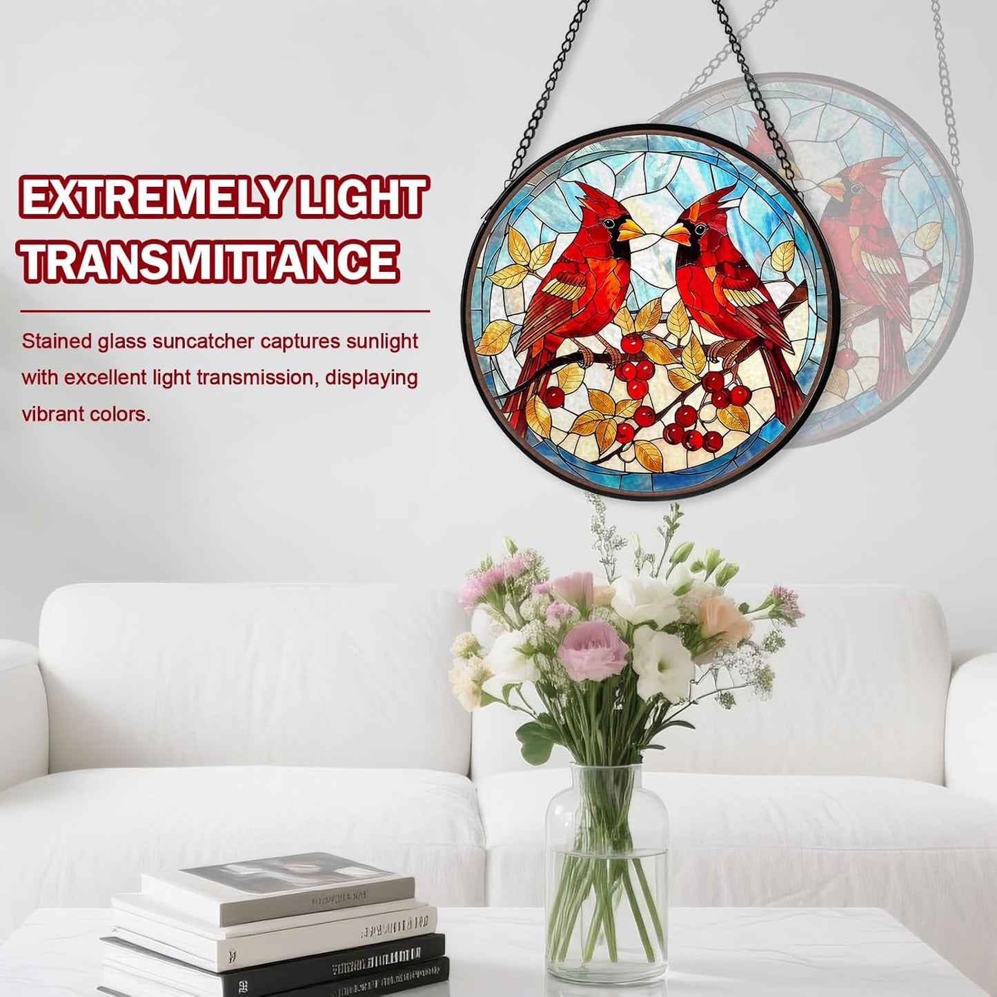 Red Cardinal Stained Glass Window Hanging, Hummingbird Suncatcher Diamond Glass Panel Hangings, Handmade Bird Sun Catchers Windows Wall Art, Gift for Mom, Christmas Decor for Home Office 7.87 inches