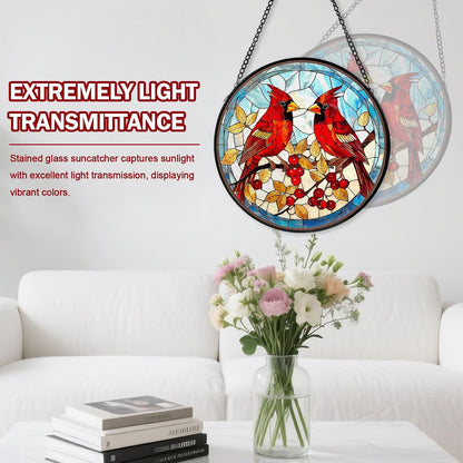 Red Cardinal Stained Glass Window Hanging, Hummingbird Suncatcher Diamond Glass Panel Hangings, Handmade Bird Sun Catchers Windows Wall Art, Gift for Mom, Christmas Decor for Home Office 7.87 inches