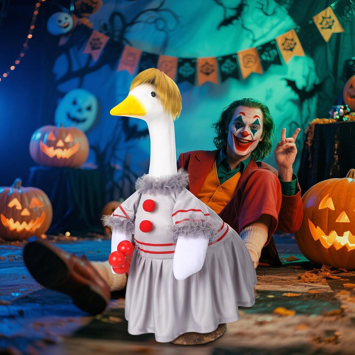 Talltalk Halloween Clown Goose Outfit Clothes for 23" High Cement or Plastic Goose Lawn Clothing Porch Garden Costume for Porch Yard Lawn Patio Outdoor Statue Art