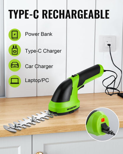 WORKPRO Cordless Grass Shear & Shrubbery Trimmer - 2 in 1 Handheld 7.2V Electric Grass Trimmer Hedge Shears/Grass Cutter Rechargeable Lithium-Ion Battery and Type-C Cable Included