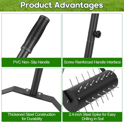 18-inch Rolling Lawn Aerator Tool, 50"-70" Handle Heavy Duty Spike Aerator with Sandbag, 40 Iron Spikes Tighten with Patience, Manual Rolling Aerator Lawn for Yard Garden