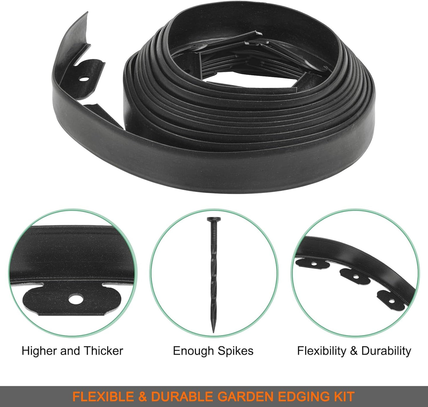 Garden Edging - 20 Feet Plastic Landscaping Edging Border with 18 PCS Spikes Apply to Flower Beds/Grass Lawn/Yard (20FT x 1.57IN, Black)