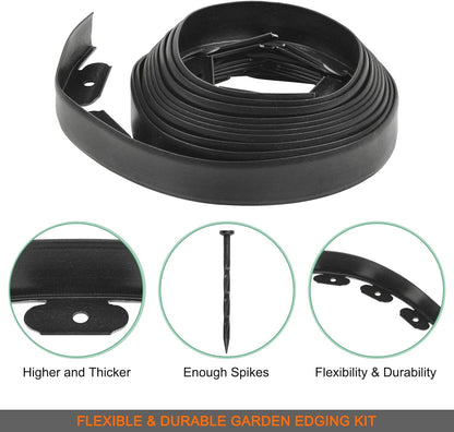 Garden Edging - 20 Feet Plastic Landscaping Edging Border with 18 PCS Spikes Apply to Flower Beds/Grass Lawn/Yard (20FT x 1.57IN, Black)