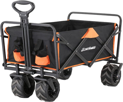 EchoSmile Heavy Duty 350 Lbs Capacity Collapsible Wagon, Outdoor Folding Camping Wagons, Grocery Portable Utility Cart, Adjustable Rolling Carts, All Terrain Sports Wagon with Big Wheels by Boahaus