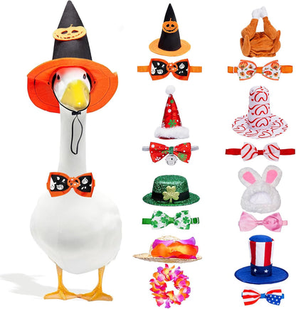 8 Set Holiday Porch Goose Outfits for 17/23" Plastic Lawn Goose - Halloween, Thanksgiving, Christmas, St. Patricks, Summer, Valentines Easter - Patio Yard Garden Decor with Hat and Bow Tie