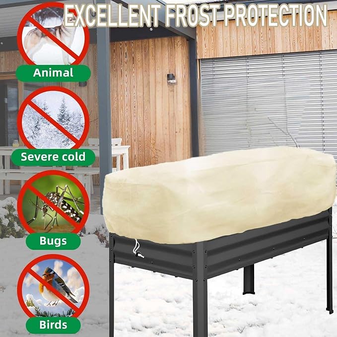 2 Pack Plant Covers Freeze Protection for Raised Beds Rectangular Planter Frost Fabric with Drawstring 2.82oz/yd² Reusable Raised Beds Frost Cloth for Winter Outdoor Plants (Beige,for Cover a 4x2x1ft)