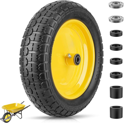 TICONN 4.80/4.00-8 Tire, 16" Flat Free Wheelbarrow Tire and Wheel, Solid Replacement Tires with 3" Centered Hub, 5/8" 3/4" Bearings, Universal Fit 4.80/4.00-8, 3.50/3.00-8, 4.00-6 (Yellow)