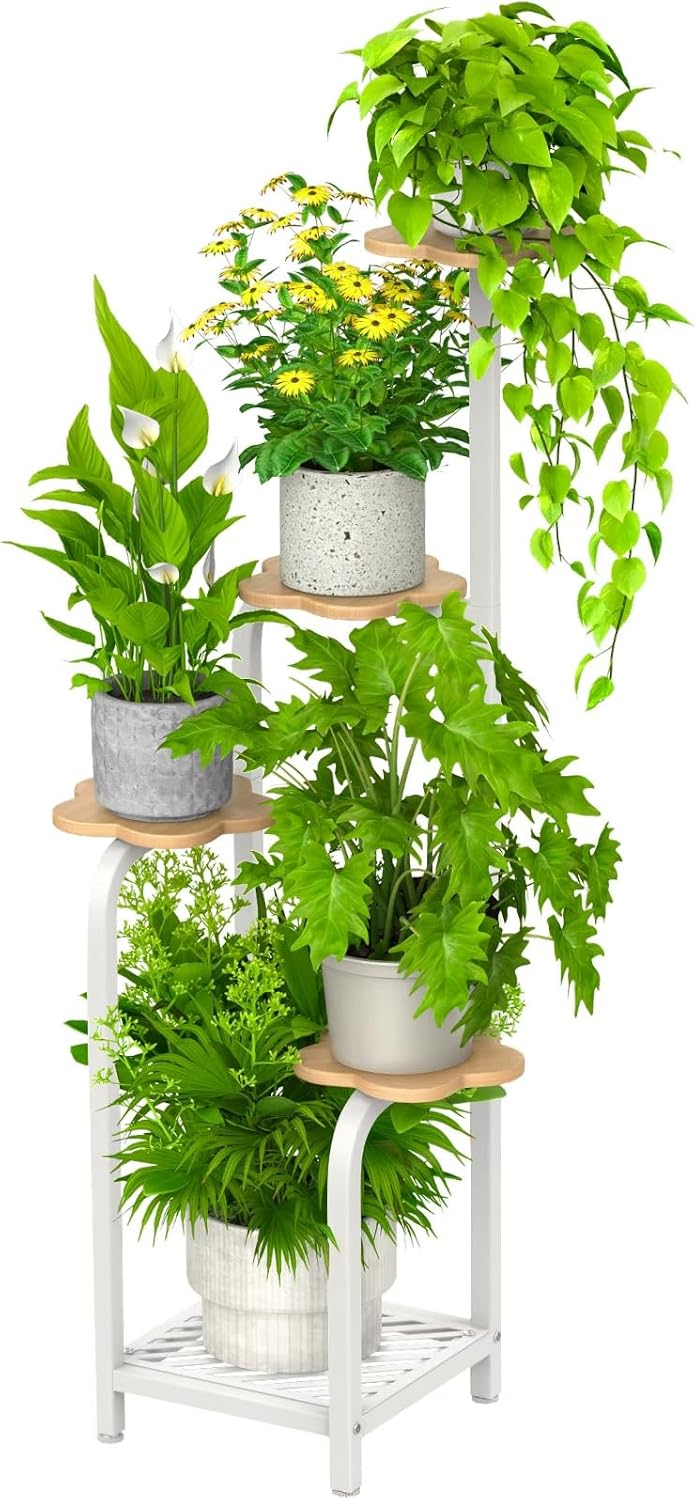 TOSKING 5 Tier Metal Plant Stand Indoor 48''H Tall ,Heavy Duty Plant Shelf , Corner Shelf Flower Pot Stand for Outdoor Plant Stand for Living Room Balcony Garden Patio Bedroom (5 Tier-White and Wood)