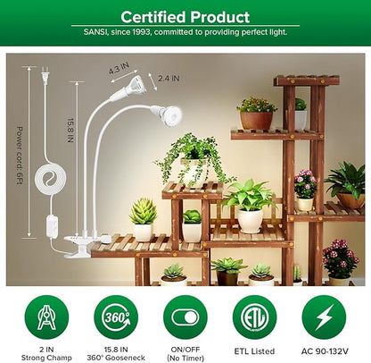 SANSI LED Grow Lights for Indoor Plants, 300W Full Spectrum Clip-on Gooseneck Grow Light with Ceramic Tech.,20W Power Plant Light with Optical Lens for High PPFD, Lifetime Free Bulbs Replacement White