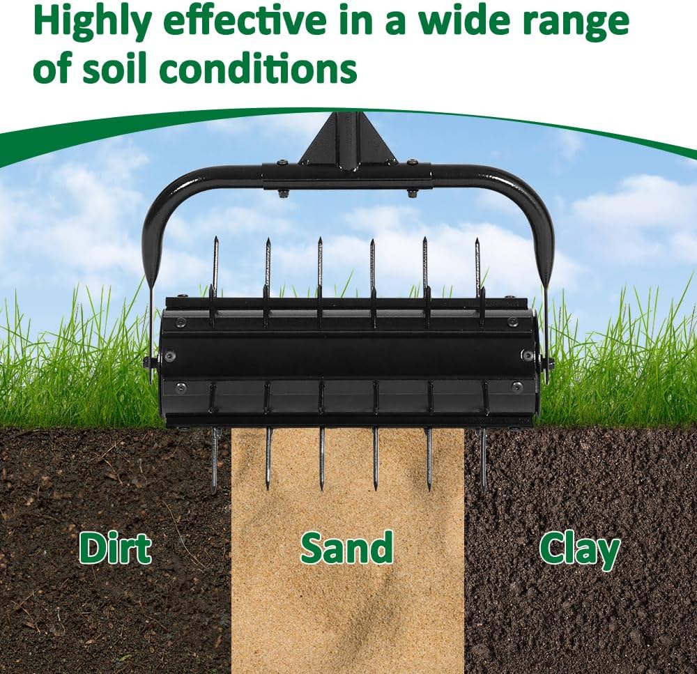 SMONTER Manual Lawn Aerator, 17” Heavy Duty Rolling Aerator Lawn Tool for Yard Garden, Aeration Tool with Spike Soil Penetrator
