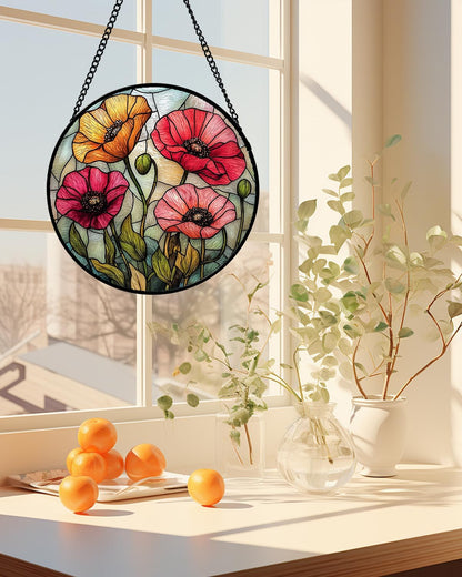 Stained Glass Window Hanging, Red Orange Poppy Birth Flowers Sun Catcher for Door Garden Yard Decor Wildflowers Suncatcher Christmas Mother Birthday Gifts for Women Men Mom Nana 11.8 in