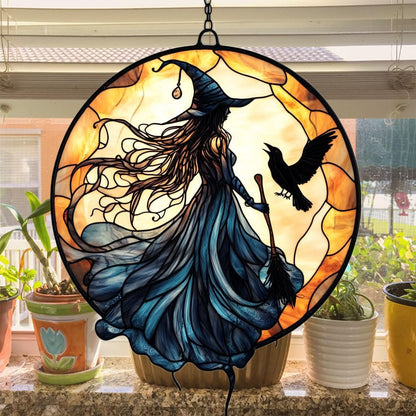 Witch Faux Mosaic Acrylic Suncatcher Stained Glass Effect Window Car Hanging Christmas Ornament Indoor Outdoor Decor Garden Sun Catcher Panel for Acrylic Suncatcher Lover for Women Mom Grandma