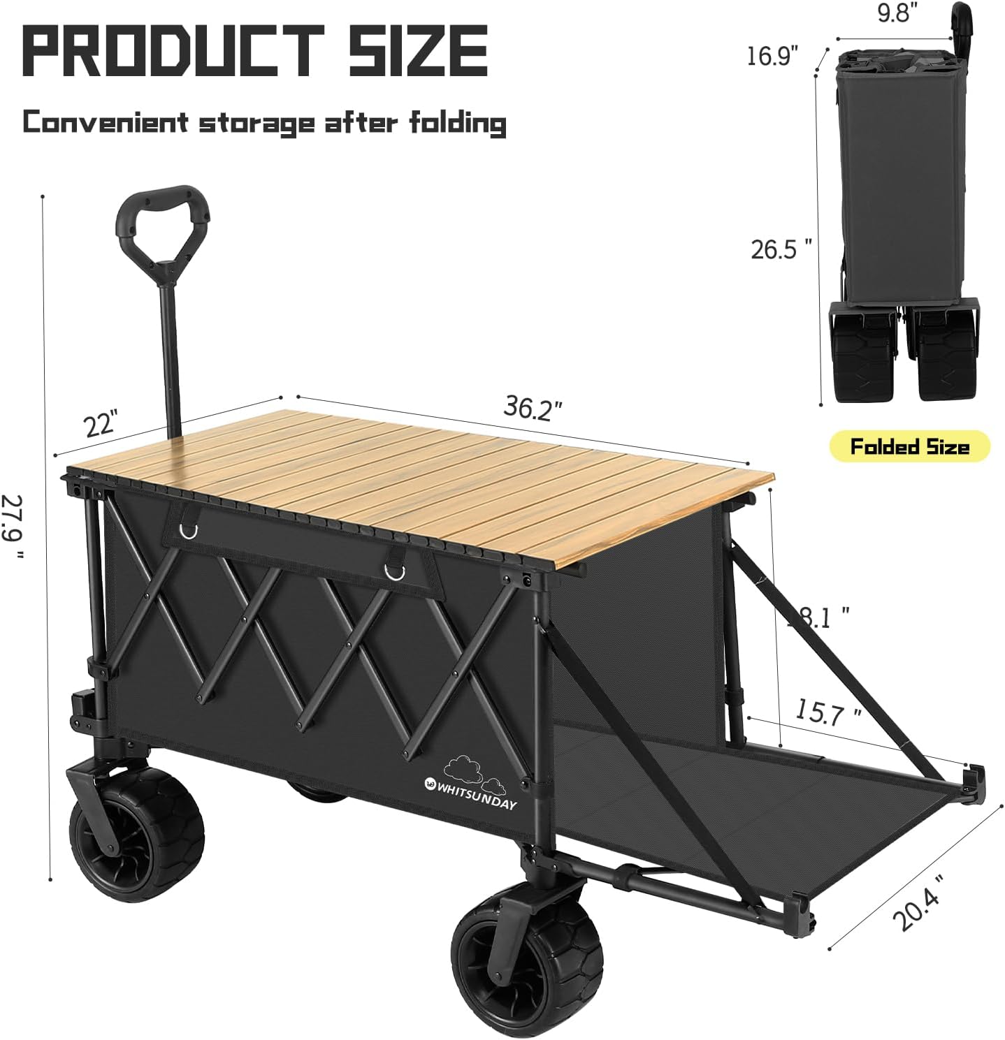 Whitsunday Collapsible Folding Wagon with Table, Heavy Duty Utility Beach Wagons with Opened Tailgate and All-Terrain Wheels for Camping,Garden,Sports (Max Black)