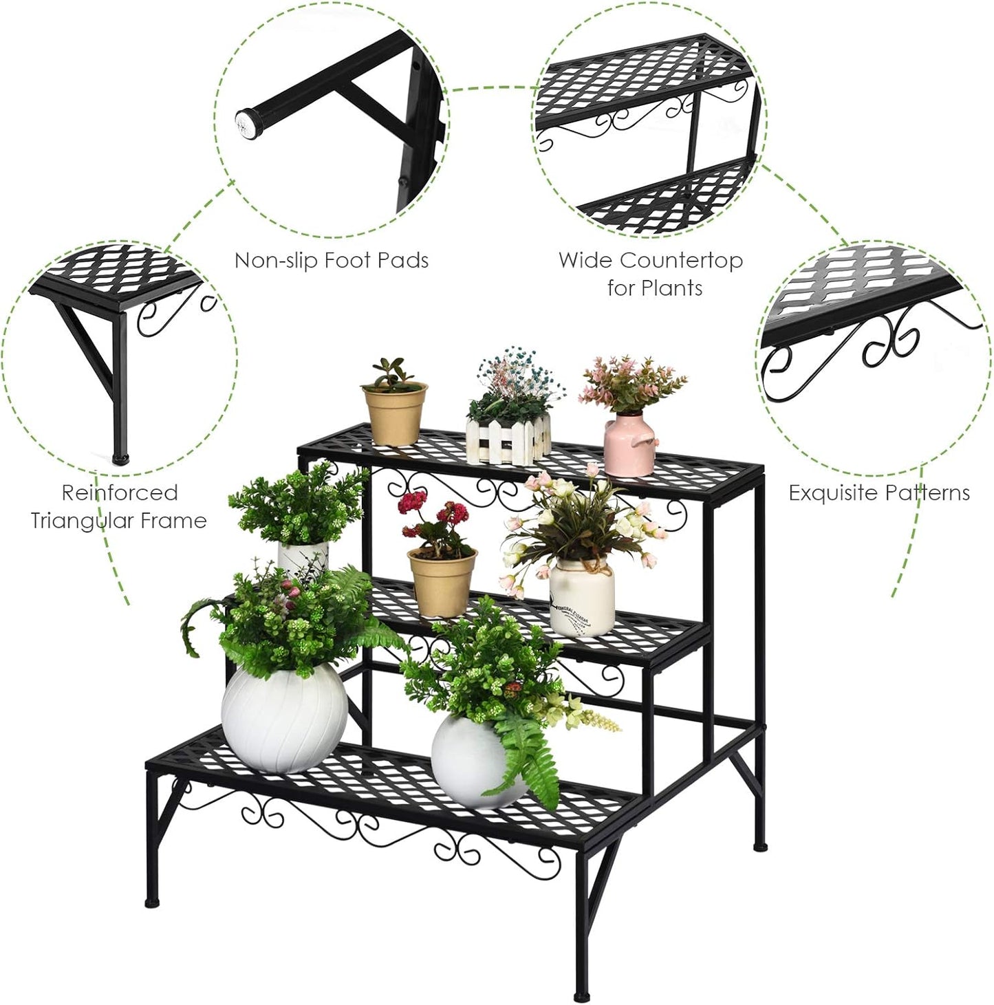 Giantex 3 Tiers Black Metal Plant Stand, Metal Plant Shelf Stands w/ 6-9 Flower Potted Capacity Holders, Multiple Flower Pot Display Rack for Plants Patio Garden Corner Indoor (Rectangular)
