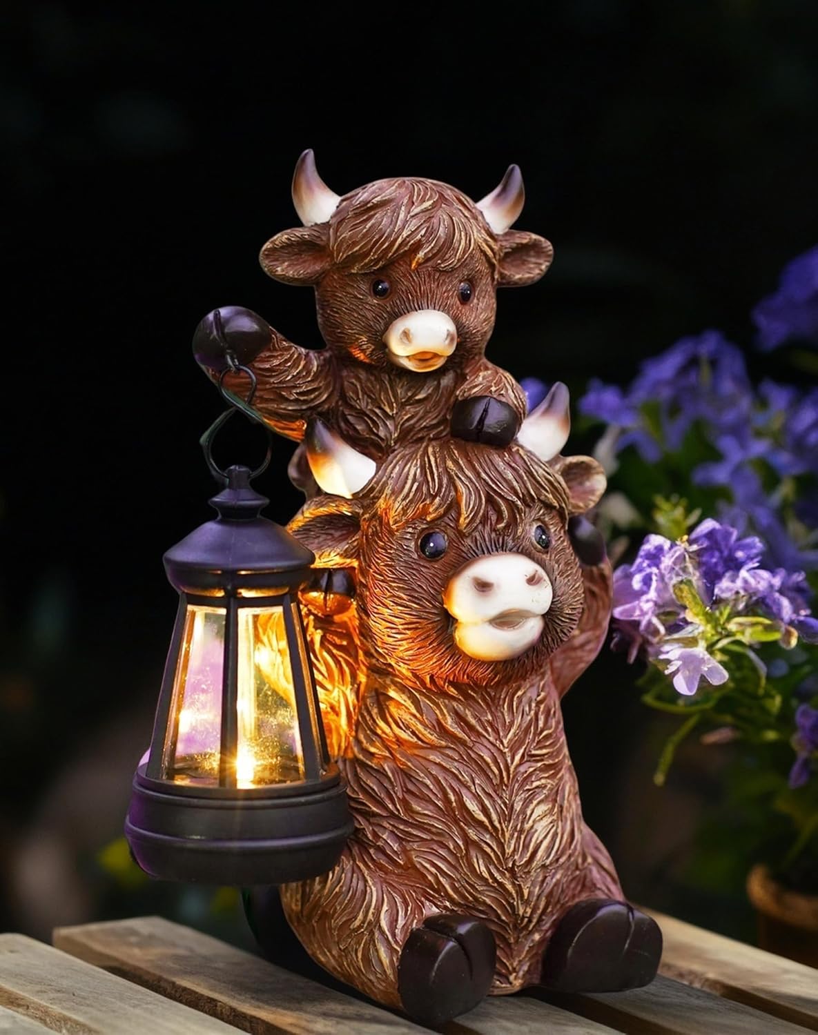 Solar Highland Cow Garden Decor - Resin Cow Statue with Solar Lantern Outdoor Yard Patio Decor - Ideal Gifts for Women,Mom Men (Copper)
