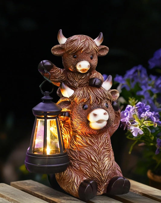 Solar Highland Cow Garden Decor - Resin Cow Statue with Solar Lantern Outdoor Yard Patio Decor - Ideal Gifts for Women,Mom Men (Copper)