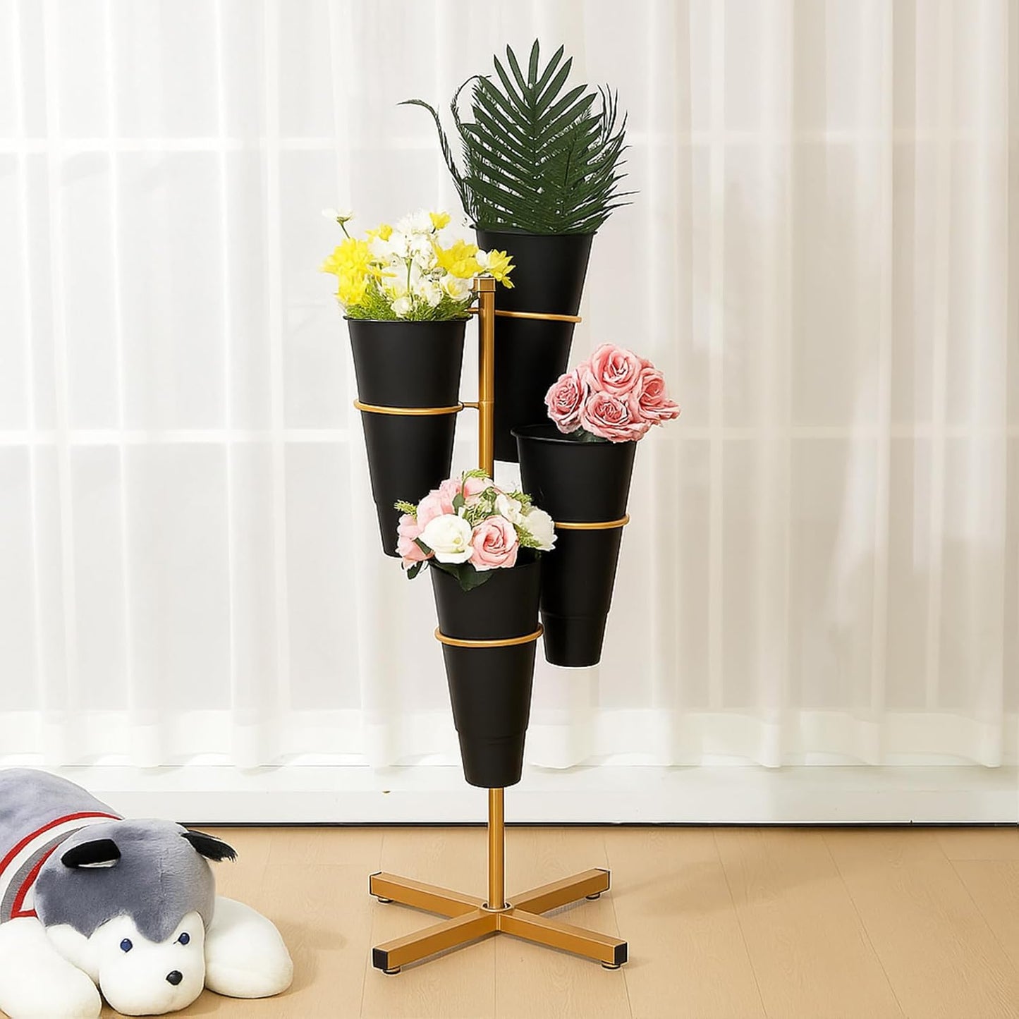 Flower Display Stand with 4 Plastic Buckets, Rotatable Metal Flower Stand Gold Plant Stands 4 Tier Florist Shelf Plant Cart for Patio Garden Living Room Indoor Outdoor Home Decoration (Black)