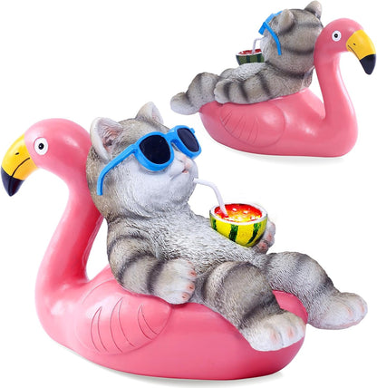 Nacome Cat Lying Flamingo for Garden Statue: Solar Outdoor Decor Figurine for Clearance Outside Lawn Ornaments Porch Patio Balcony – Gifts for Grandma Mom