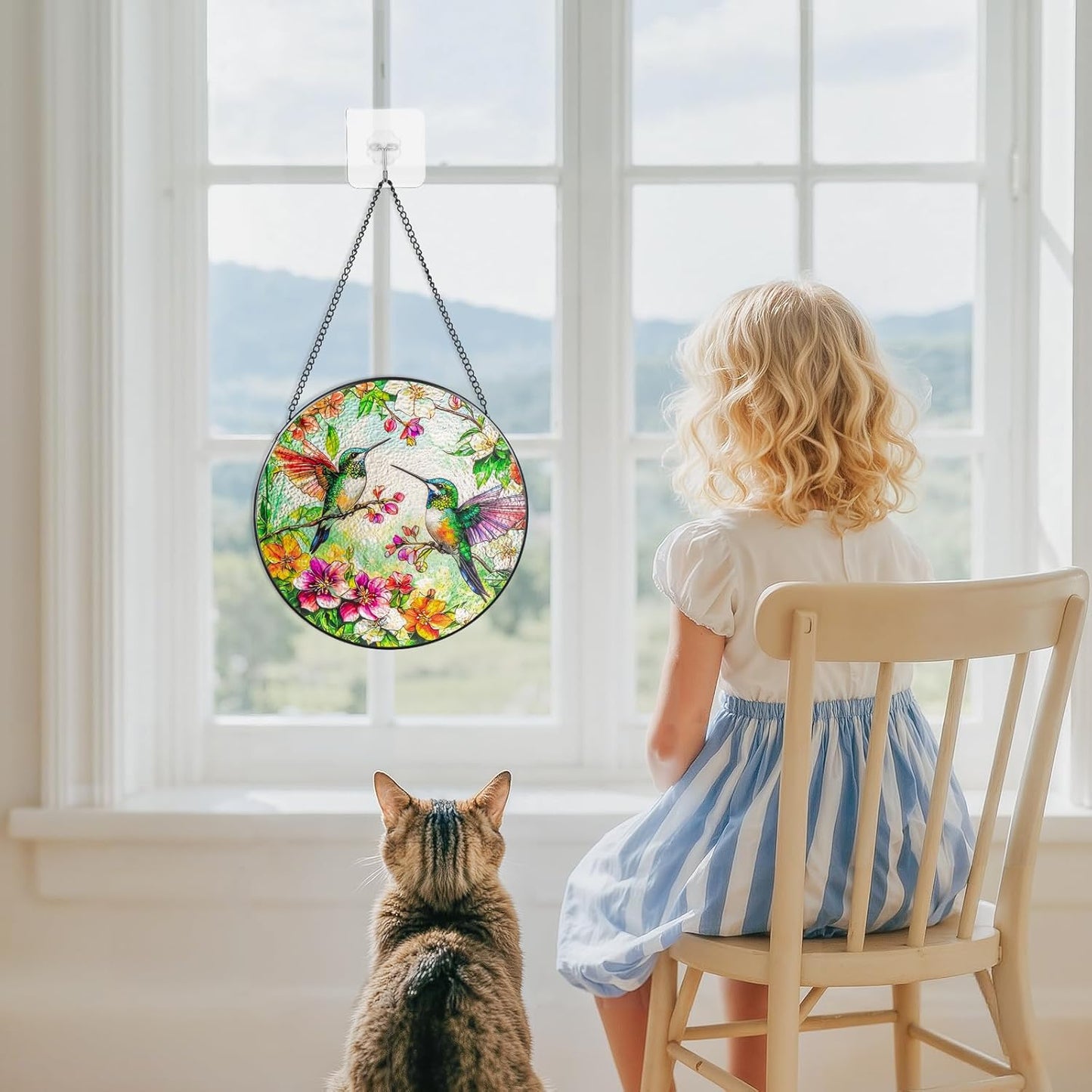 Suncatcher Stained Glass Window Hanging - Hummingbird Glass Panel with Metal Chain and Hooks Handmade Sun Catcher Decoration for Window Garden Home Christmas & Birthday Gifts (8 Inch)