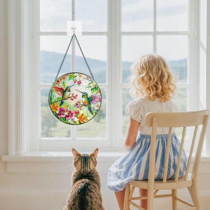 Suncatcher Stained Glass Window Hanging - Hummingbird Glass Panel with Metal Chain and Hooks Handmade Sun Catcher Decoration for Window Garden Home Christmas & Birthday Gifts (8 Inch)
