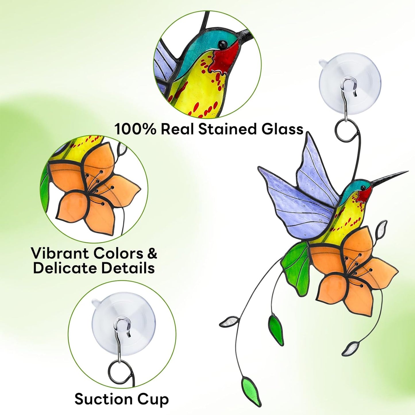 Handmade Stained Glass Hummingbird Suncatcher, Lavender-Purple Bird with Peach-Fuzz Flower Window Hanging Decor, Art Glass Ornament, Unique Gifts for Mom, Bird Lovers & Home Decoration