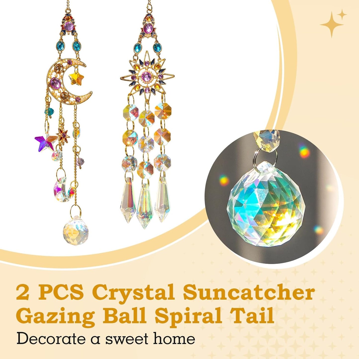 2 PCS Crystal Suncatcher,Colorful Sun&Moon Sun Catchers Indoor Window Hanging with Crystals Light Catcher Tree of Life Crystal Suncatchers Prism Hanging for Indoor Outdoor Home Garden Wedding Decor