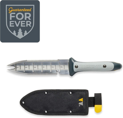 WOODLAND TOOLS Heavy Duty Hori Hori Garden Knife - Stainless Steel Soil Knife with Serrated Edge, Depth Markings, and Ergonomic Grip, Multi-Use Weeding and Digging Tool with Sheath for Gardening