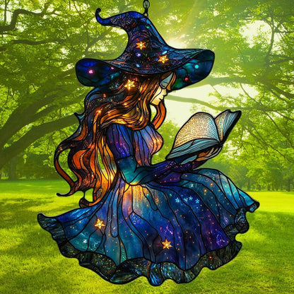 Cute Wizard Reading Books Acrylic Suncatcher Stained Glass Effect Window Car Hanging Christmas Ornament Indoor Outdoor Decor Garden Sun Catcher Panel for Book Lover for Women Mom Grandma