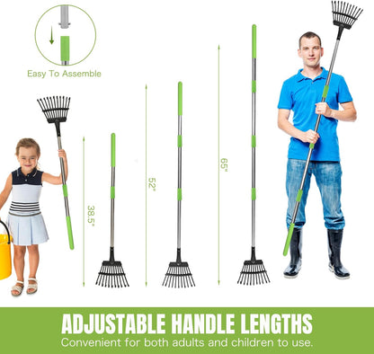Joyhalo Small Leaf Rake, 8.5 Inch Wide Head with 11 Tines, Metal Garden Rake with Adjustable Handle 38.5 to 65 Inch for Gardening, Leaves, Weeds, Debris