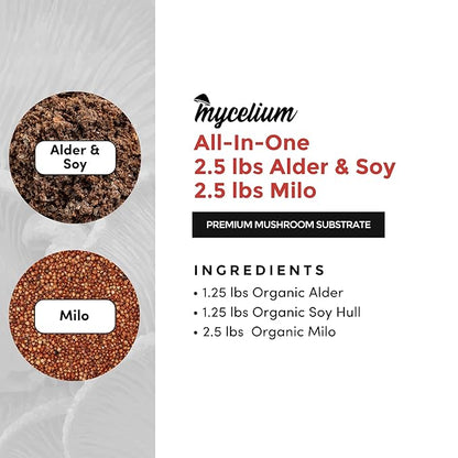 Mycelium Gourmet Mushroom All-in-One Bag - Premium Organic 5LB Blend of Alder & Soy Hull Substrate with Sterilized Milo Grain - Perfect for Variety of Wood-Loving Mushrooms - Home Growing Made Easy