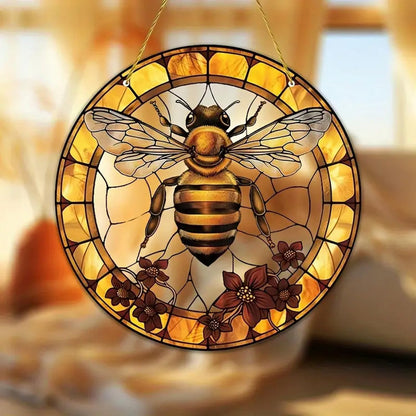 7.9inch Bee Suncatcher for Window Hanging,Floral Acrylic Suncatcher with Chain Window Decor for Home,Indoor, Garden, Housewarming Round Ornament, Gift for Women Friend