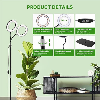Dual Head Grow Light for Indoor Plants,Full Spectrum LED Halo Plant Lights with Stand, Floor Standing Growing Lamp with Adjustable Height,Auto Timer,Dimmable Brightness for Tall Large Plant